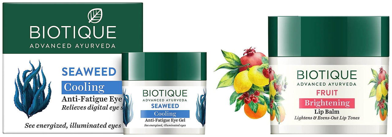 Biotique Bio Fruit Whitening Lip Balm, 12g And Biotique Bio Seaweed Revitalizing Anti Fatigue Eye Gel, 15g