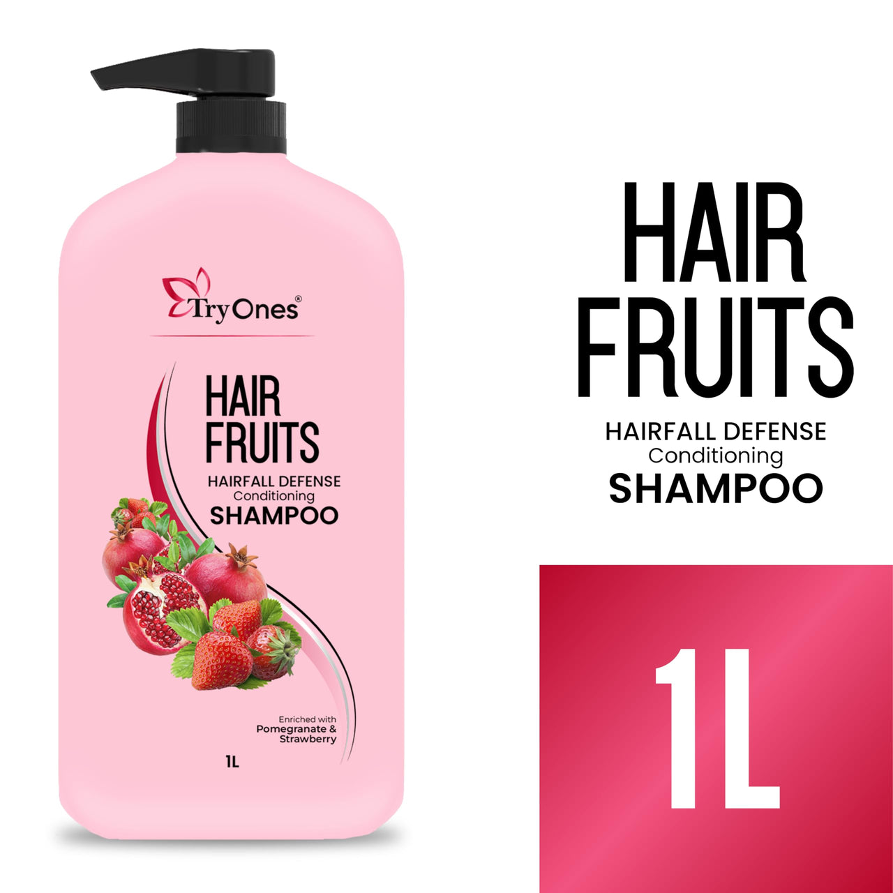 TryOnes Hair Fruits Hairfall Defense Conditioning Shampoo Enriched with Pomegranate & Strawberry 1000 ml