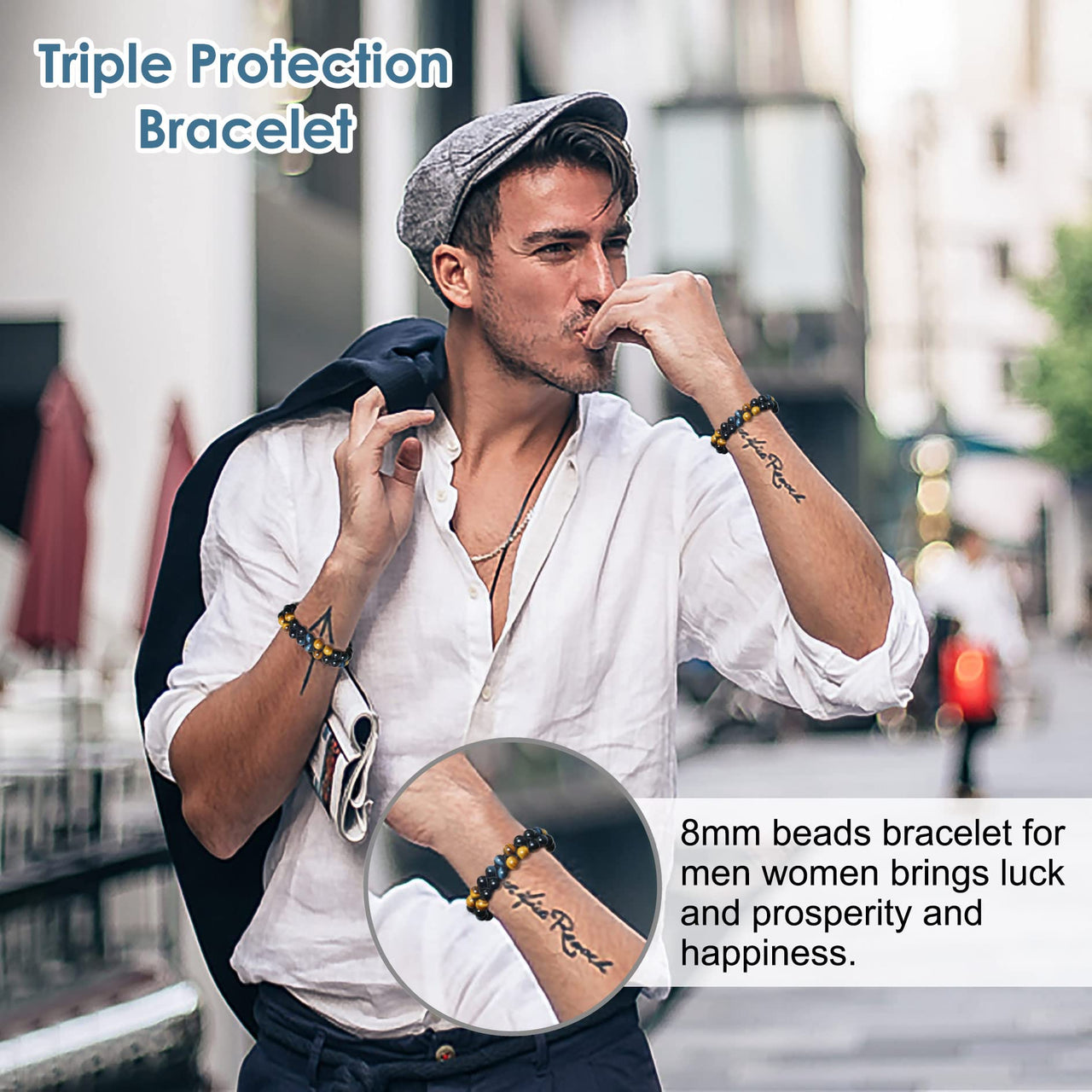 Vicsoon Bracelets for Men Women, Triple Protection Bracelet with 8mm Blue Yellow Tigers Eye Black Obsidian, Adjustable Healing Stone Handmade Bracelet, Beads Crystal Jewelry Bring Luck and Happiness Blue Yellow Black