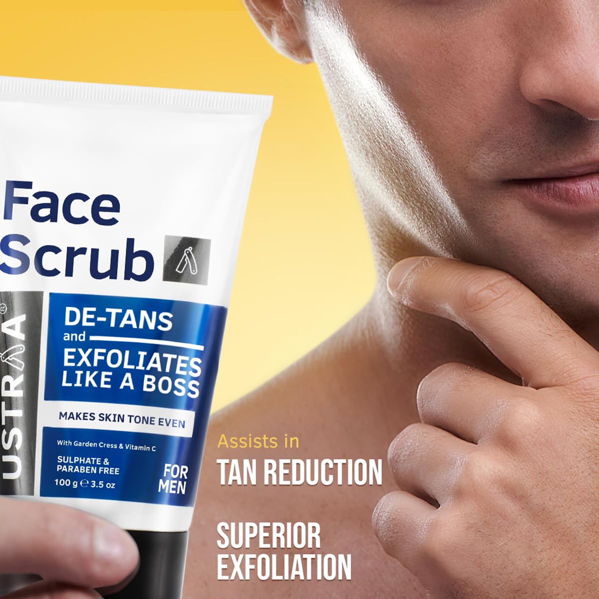 Ustraa De-Tan Face Scrub for Men, 100g | Exfoliation & Effective Tan Removal | No SLS & Power Face Wash - 200g - Energize & De-Tan | Helps Effectively Remove Tan, Brightens Skin