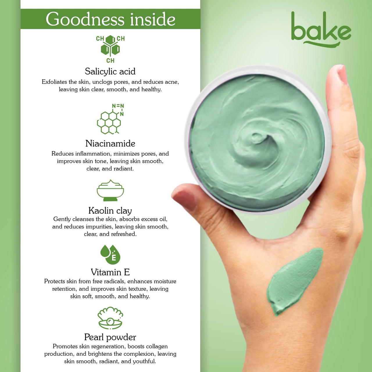 BAKE 2% Salicylic Acid Clay Mask Niacinamide for Acne Prone, Oily Skin, Open Pores & Blackheads | Anti Acne Clay Mask with Kaolin Clay | For Dark Spots, Oily Skin & Blemishes - 100g