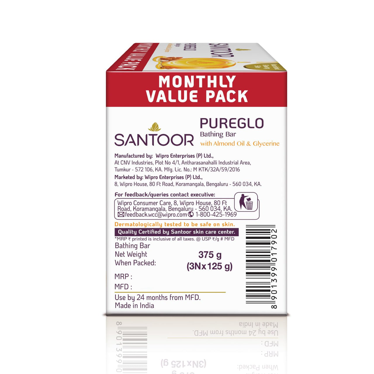 Santoor PureGlo Glycerine Soap with Almond Oil and Glycerine, 125g (Buy 2 Get 1 Free) for Nourished Glowing Skin