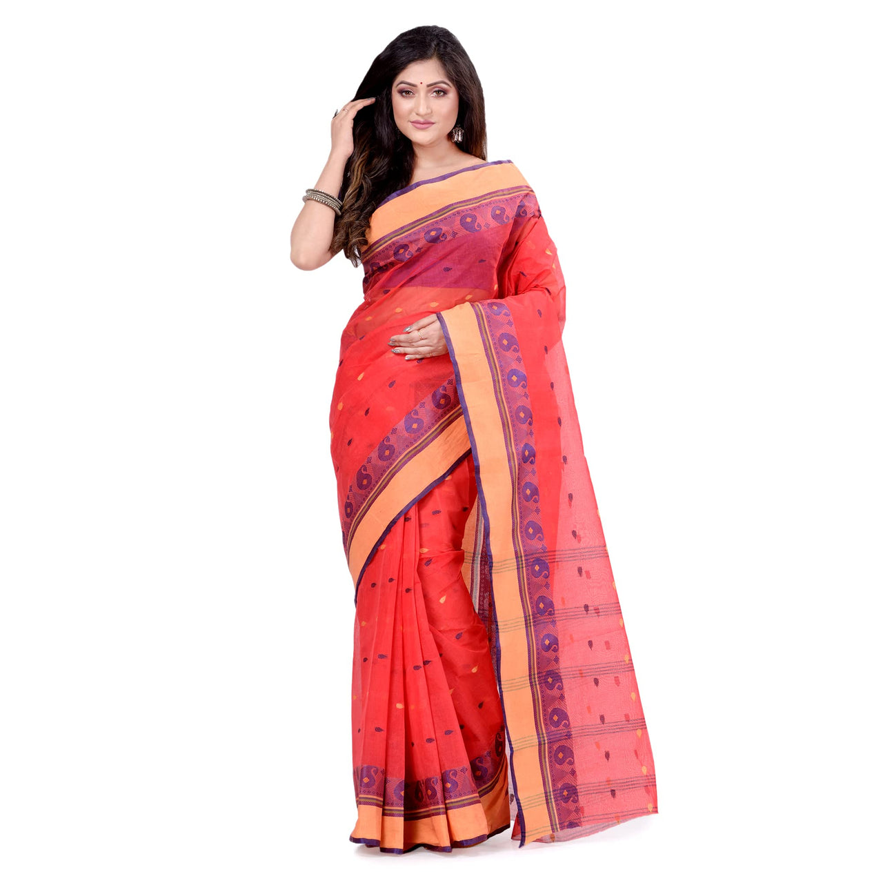 dB DESH BIDESH Women`s Traditional Bengal Tant Woven Minakari Kolka Design Pure Handloom Cotton Saree Without Blouse Piece