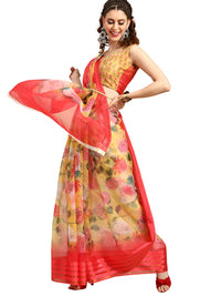 AKHILAM Women's  Knit Floral Printed Organza Saree with Unstitched Blouse Piece (FF0SAGE10_Parent)