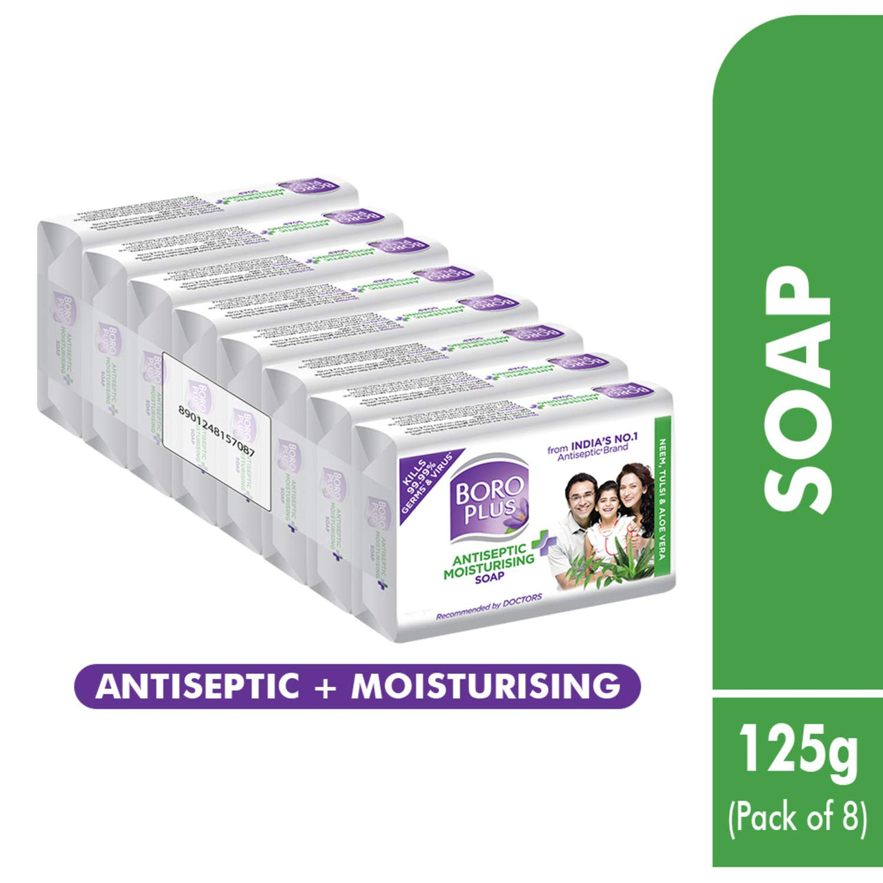 BoroPlus Antiseptic and Moisturising Bathing Soap with Aloe Vera, Neem and Tulsi | 99.9% Germ and Virus Protection | For Smooth, Soft & Nourished Skin, 125g (Pack of 8)