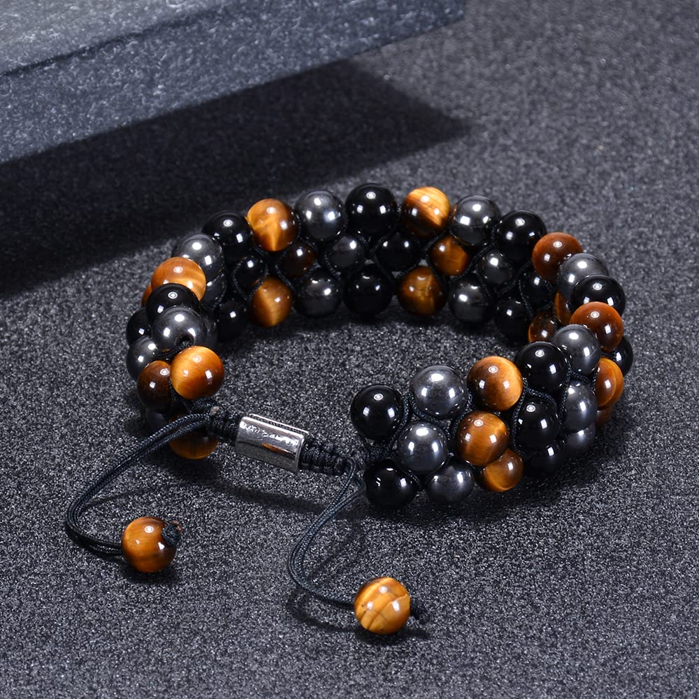 DHQH Triple Protection Bracelet Natural Black Obsidian Tigers Eye Hematite 8-10mm Beads Handmade Bracelet- Healing Crystal Bracelet Bring Luck Prosperity and Happiness F-Three-layer Bracelet