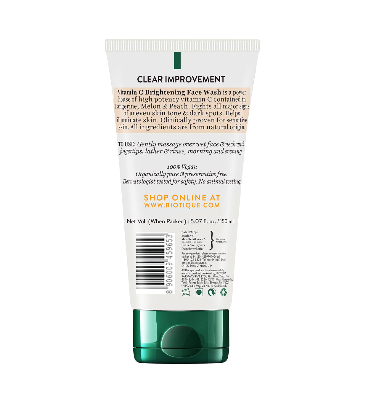 Biotique Advanced Organics Clear Improvement Vitamin C Brightening Face Wash, 150ml&Biotique Bio Fruit Whitening/Brightening Lip Balm, 12g