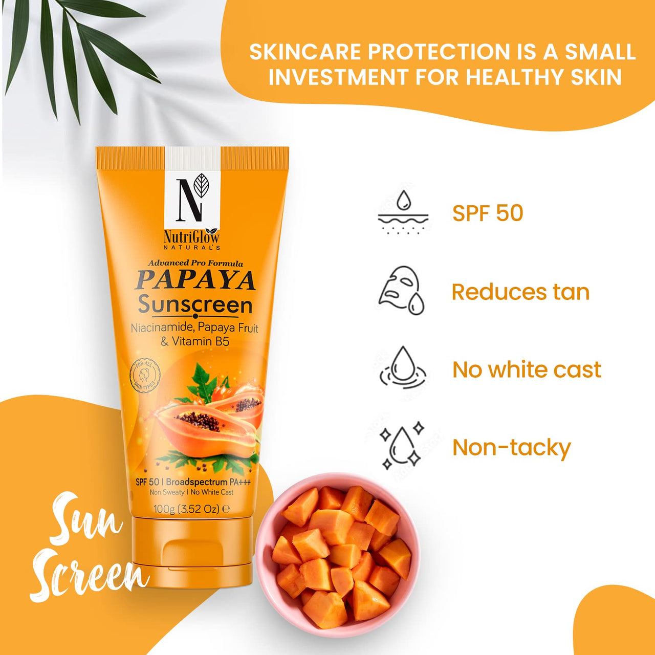 NutriGlow NATURAL'S Advanced Pro Formula Papaya Sunscreen SPF 50, PA+++ No White Cast, Non-Greasy, with Broad Spectrum, UV A & UV B Blue Light Protection, for Men & Women Suitable for Oily, Dry, Sensitive & Combination Skin (100 g)