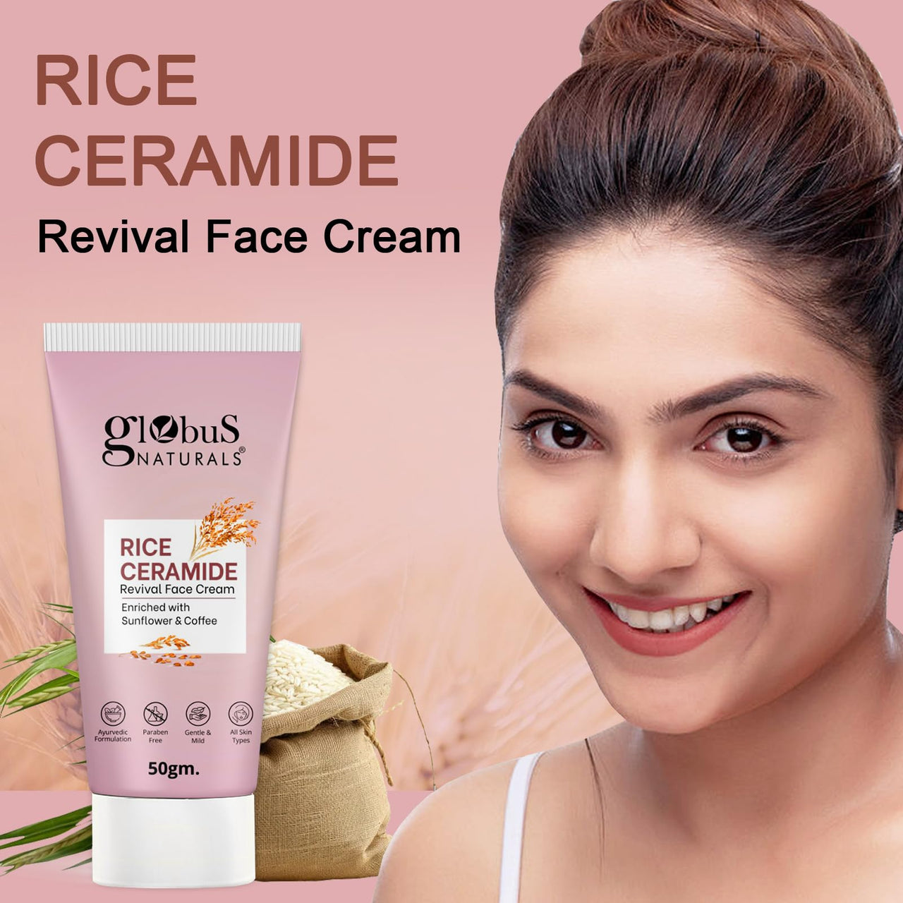 Globus Naturals Rice Ceramide Revival Face Cream, Enriched with Sunflower & Coffee, Ayurvedic Formula, Paraben Free, Gentle & Mild, Suitable For All Skin Types, 50 gm (Pack of 3)