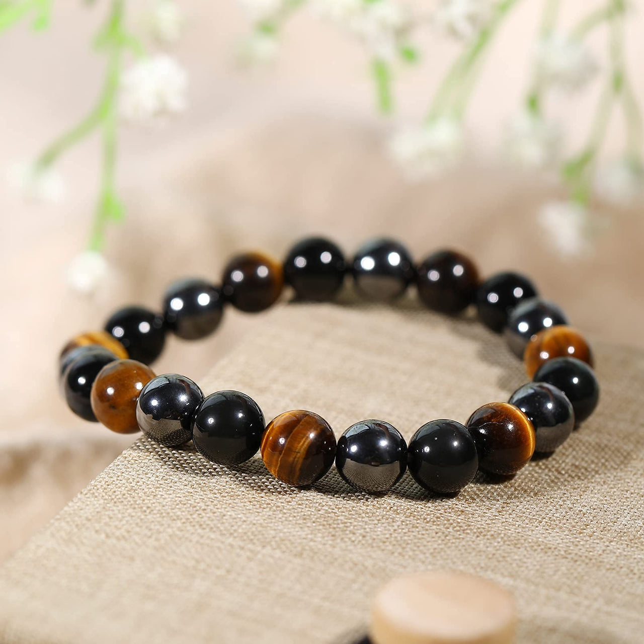 Crystal Vibe 8mm Triple Protection Bracelet - Beaded Bracelet with Natural Stones of Tiger Eye, Hematite, Black Obsidian - Elastic Adjustable Crystal Bracelet for Anxiety Relief, Spiritual Healing