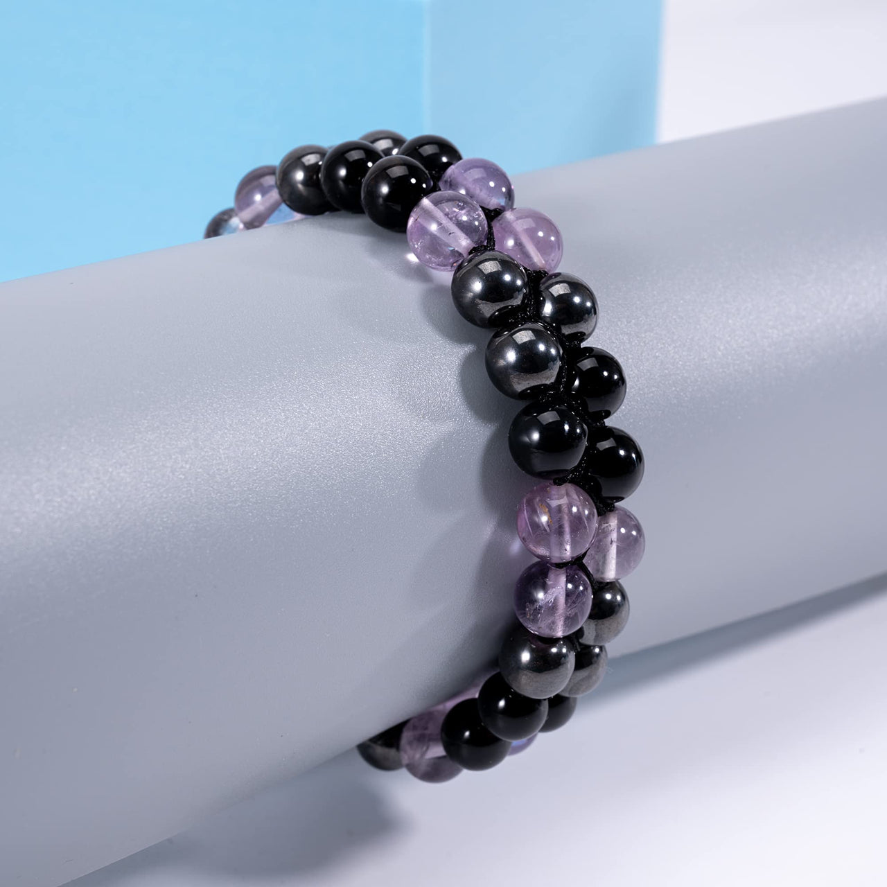 Triple Protection Bracelet for Women, Genuine Premium Healing Crystal Bracelet Amethyst Obsidian Hematite 8mm for Protection and Balance Bringing Good Luck Prosperity Happiness amethyst Triple Bracelet