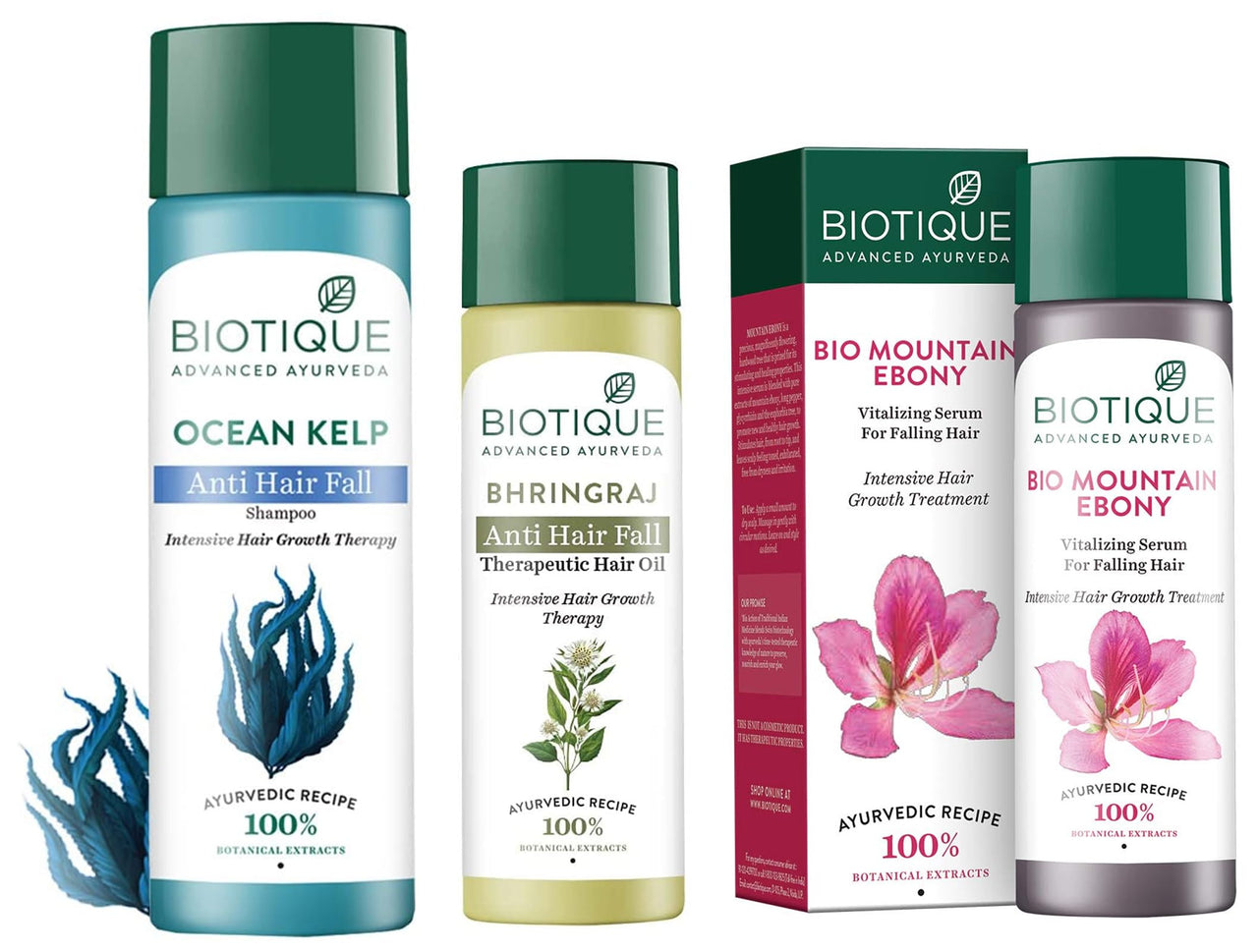 Biotique Bio Mountain Ebony Vitalizing Serum For Falling Hair Intensive Hair Growth Treatment, 120ML- Bio Kelp Fresh Growth Protein Shampoo, 190ml- Bio Bhringraj Fresh Growth Therapeutic Oil, 120ml