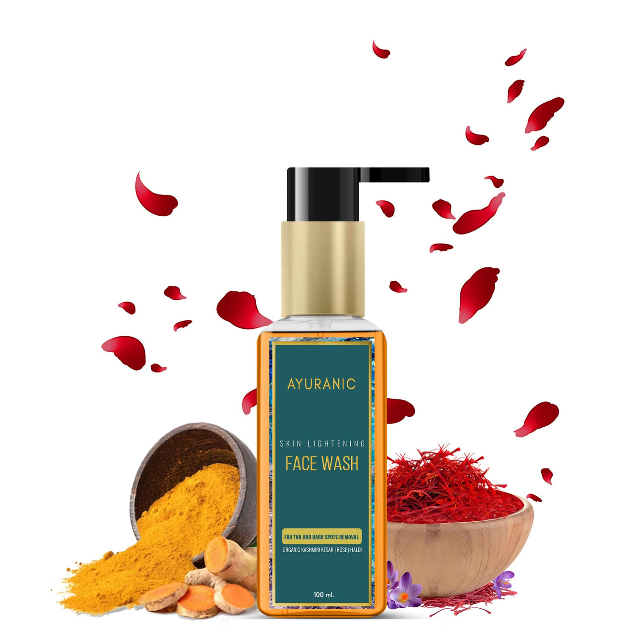 Ayuranic Tan & Dark Spots Removal Ayurvedic Face Wash For Glowing & Even Skin Tone | Kumkumadi Oil, Rose Water, Turmeric For Oily & Acne Prone Skin | Ayush Certified | (11 Natural Herbs, 100 ml)