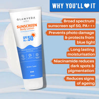 Glamveda Sunscreen Body Lotion SPF 50 PA++++ 200 ml | Broad Spectrum| No White Cast | Hydrating, Anti-Aging, Niacinamide for Brightening | Long-Lasting Moisturization For Men and Women
