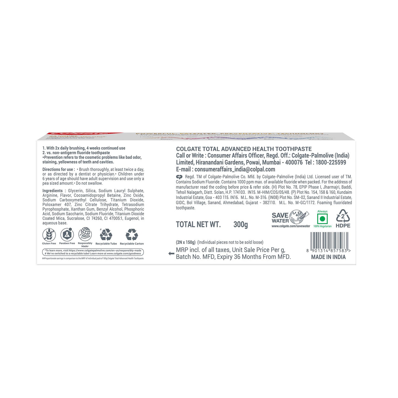 Colgate Total 300gm (2 x 150gm) Advanced Health Anti-Germ Toothpaste, Tooth Paste with 12-Hour Anti-Germ Protection, Whole Mouth Health (Combo Pack Offer)