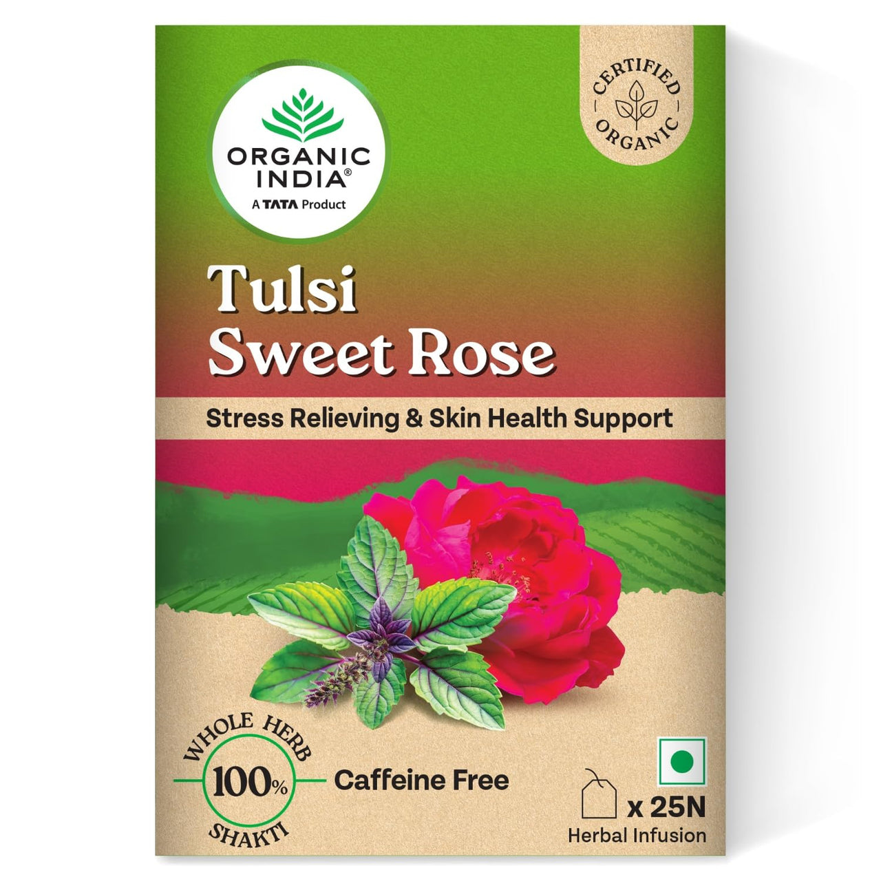 A TATA Product - Organic India Tulsi Sweet Rose - 25 Tea Bags, Stress Relieving, Supports Radiant Skin, Rich in Antioxidants, Made with Tulsi, Chamomile, and Rose Certified Organic