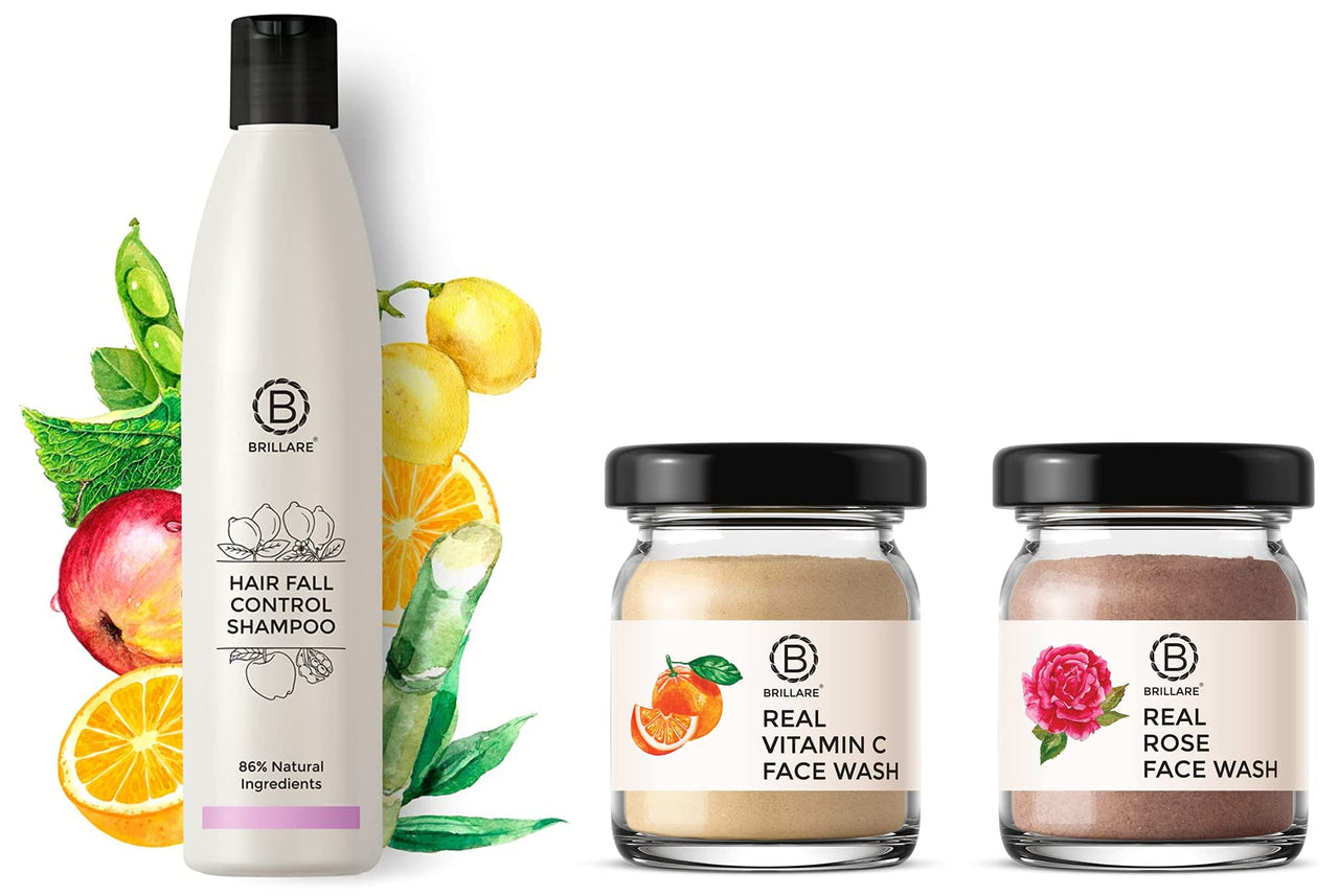 Brillare Hair Fall Control Shampoo, Natural Anti Hair Fall & Hair Growth Shampoo &"Brillare 100% Natural Real Vitamin C Powder Face Wash &Brillare 100% Natural Real Powder Rose Face Wash