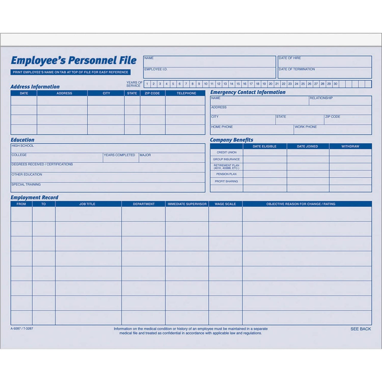 Adams Employees Personnel File Folder, Heavy Card Stock, 11-3/4 x 9-1/2 Inches, Pack of 20 Folders (9287ABF) ,Blue/White 1 PACK