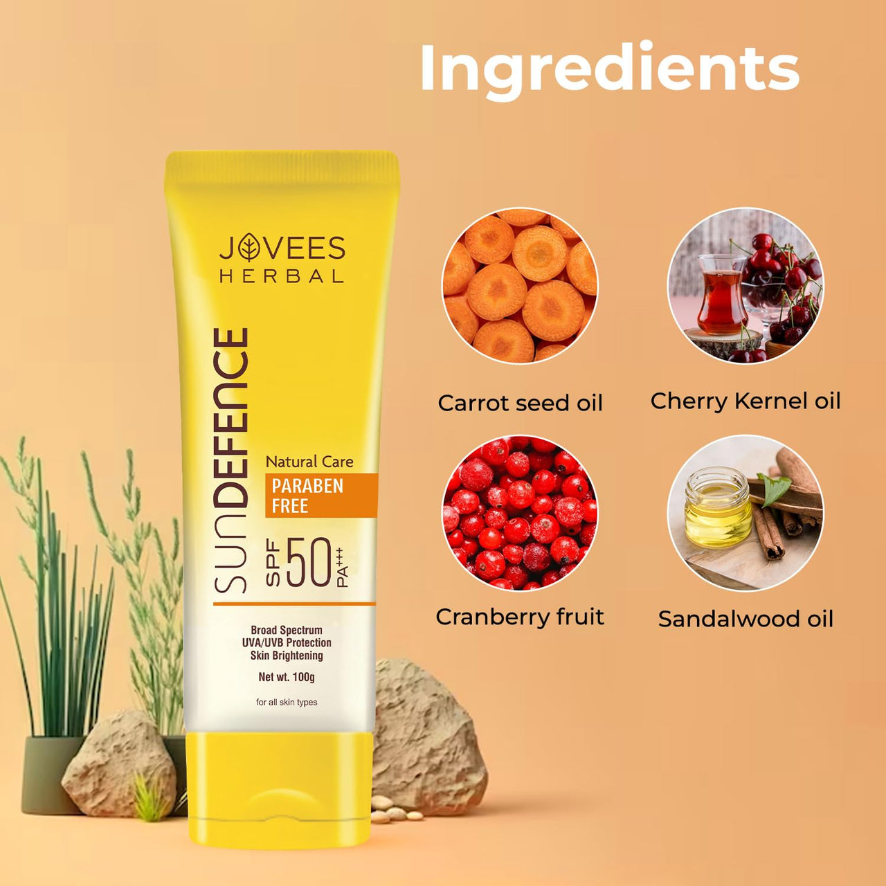 Jovees Herbal Sun Defence Cream SPF 50 PA+++ Broad Spectrum For All Skin | Protection From UVA/UVB & Sun Damaged | Lightweight, Non Greasy & Quick Absorption 100g