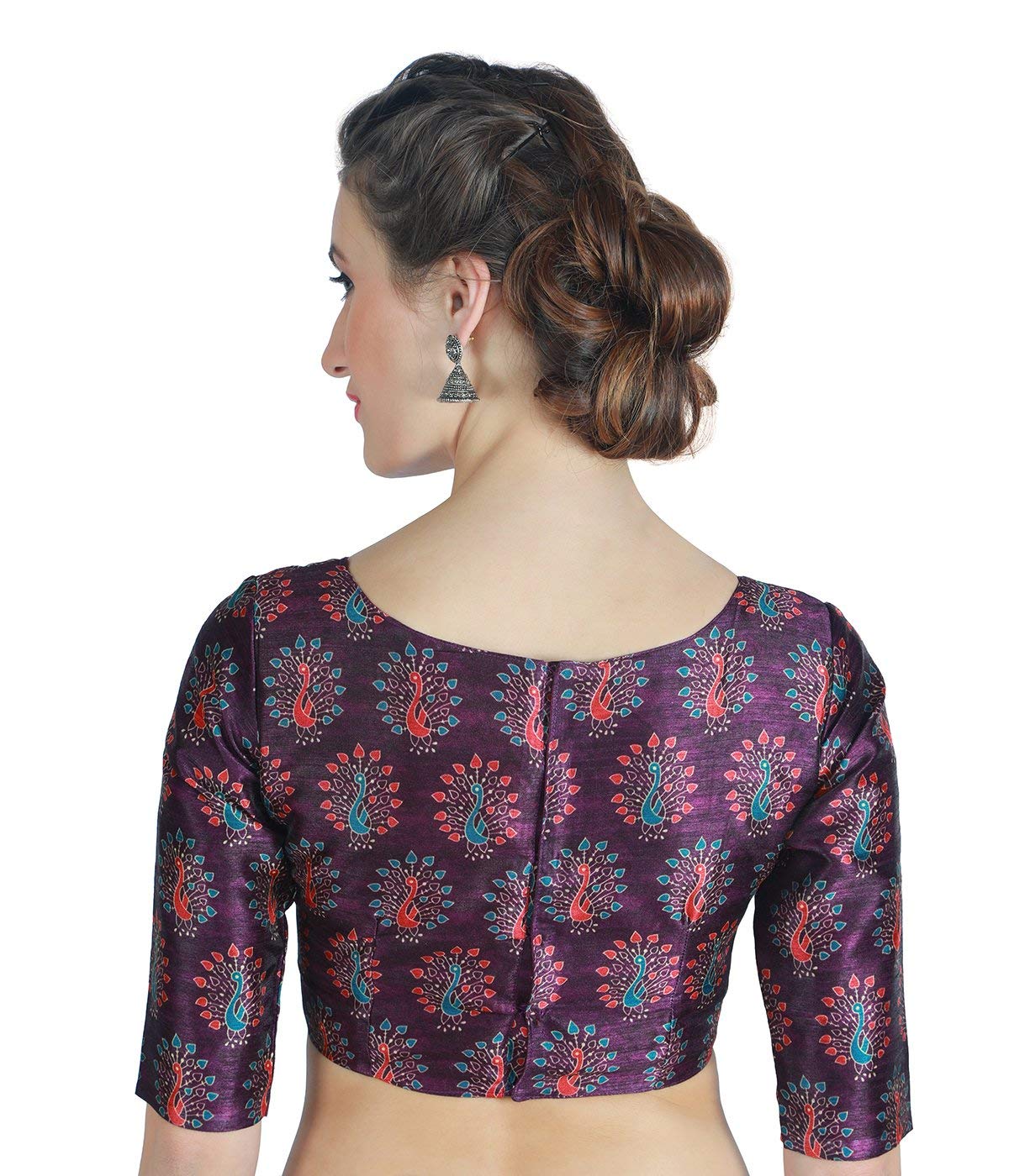 X3 Women's  Peacock Print Polyester Elbow Length Sleeves Saree Blouse