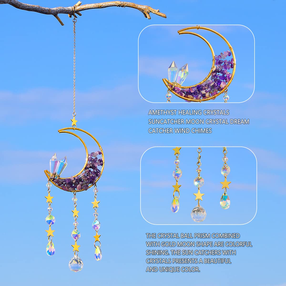 Healing Crystals Suncatcher- Moon Suncatchers Amethyst Crystal Dream Catcher Wind Chimes Crystal Ball Rainbow Maker Prisms Sun Catchers Indoor Window Car Charm Garden Outdoor Decor Mom Moon Amethyst Crystal