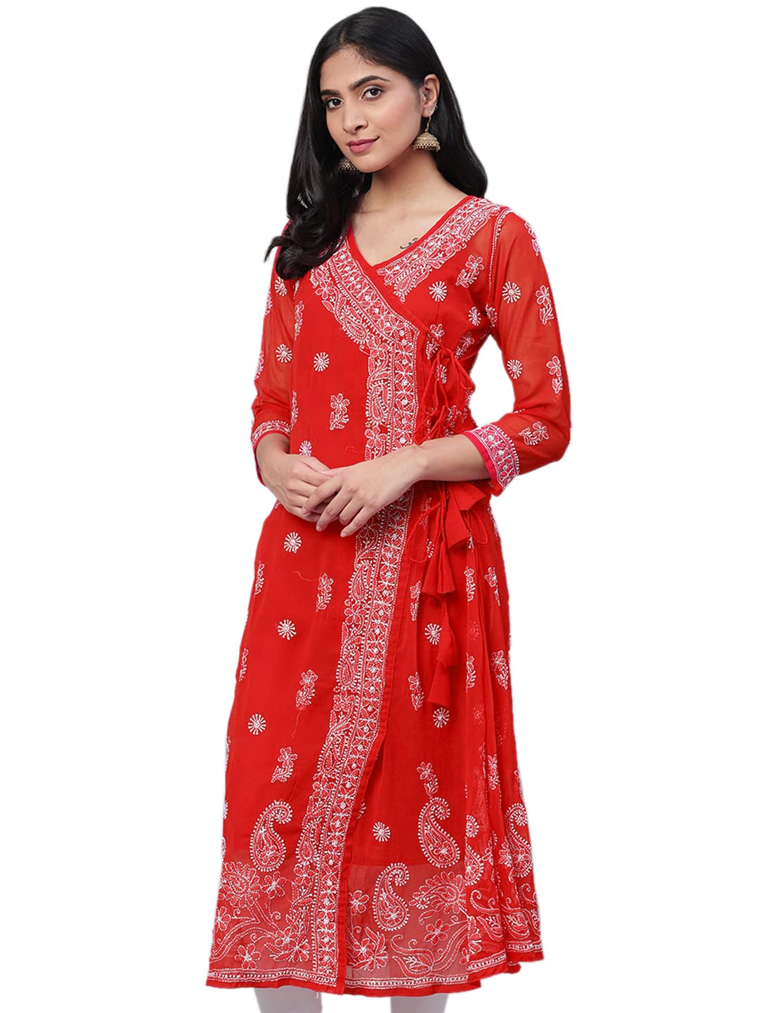 Ada Handcrafted Lucknowi Chikan Women's  Georgette Angrakha Kurti Kurta with Slip A100593