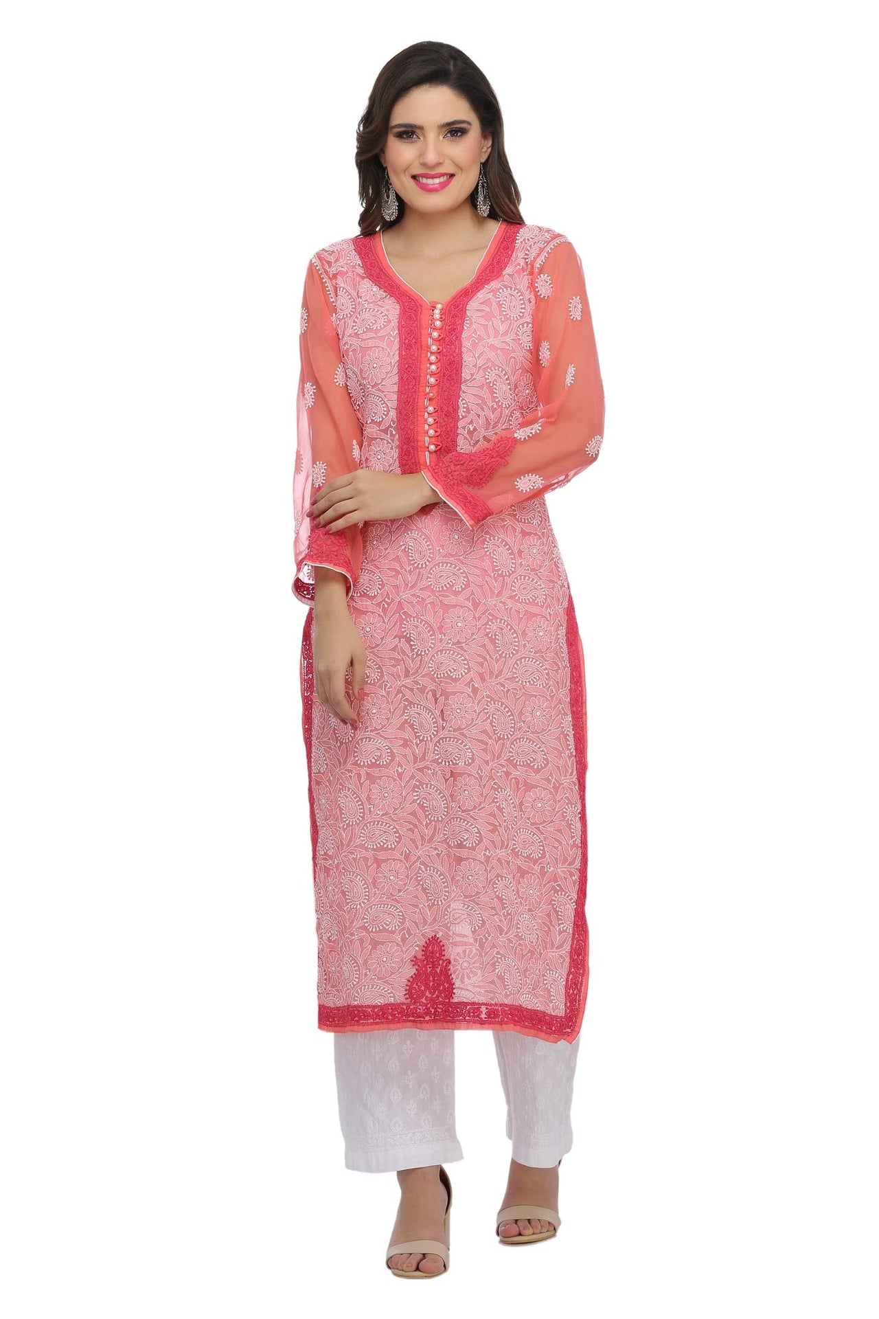 Ada Women's  Hand Embroidered Faux Georgette Lucknowi Chikankari Kurti with Slip