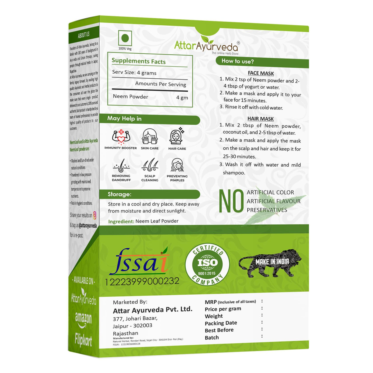 Attar Ayurveda Neem powder for Face, Skin and Hair (200 grams) | 100% Natural, No Preservative | Ideal for Face Pack, Hair Pack and Eating