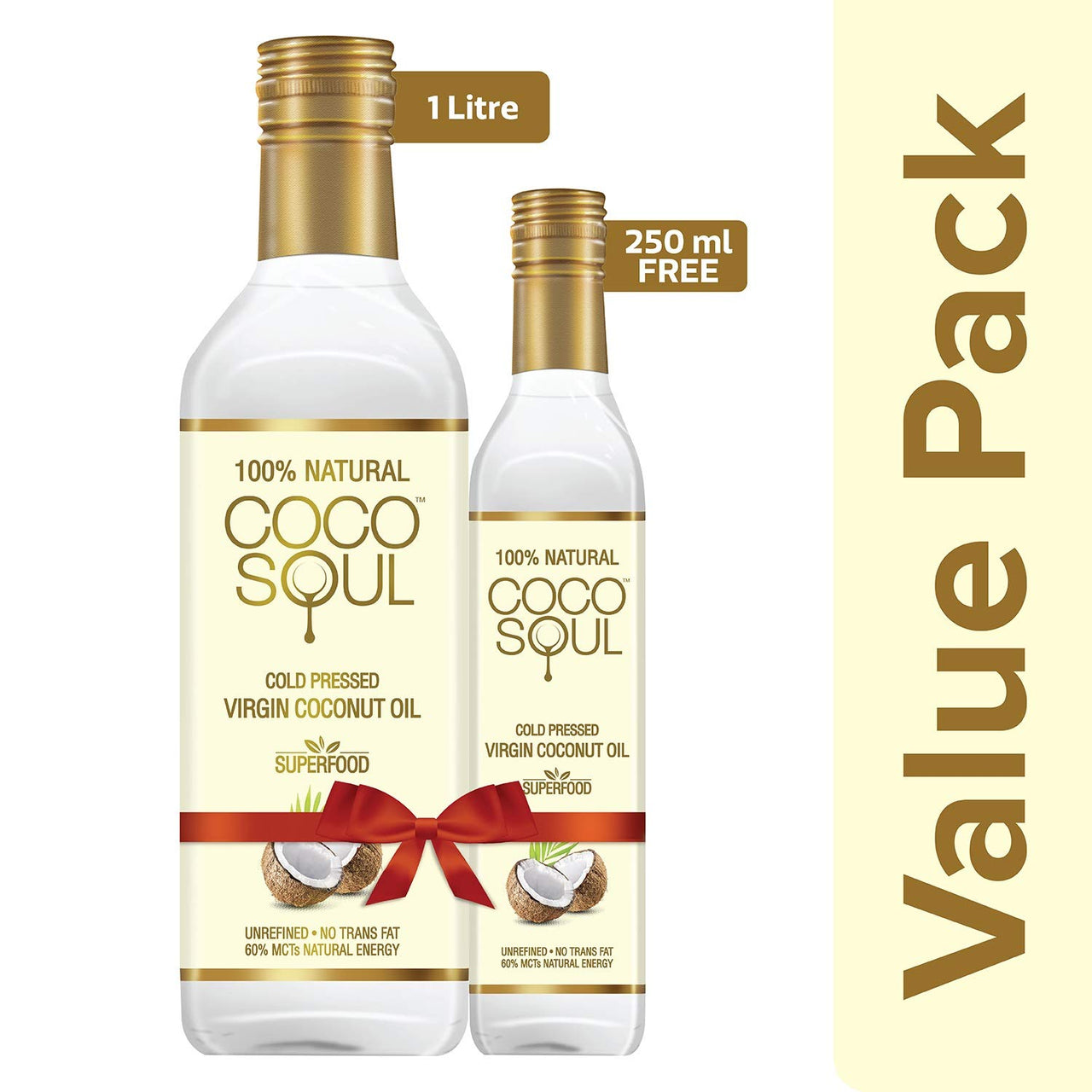 Coco Soul Cold Pressed Natural Virgin Coconut Oil, 500 ml + Coco Soul Cold Pressed Natural Virgin Coconut Oil, 1 L with Free 250 ml Pack