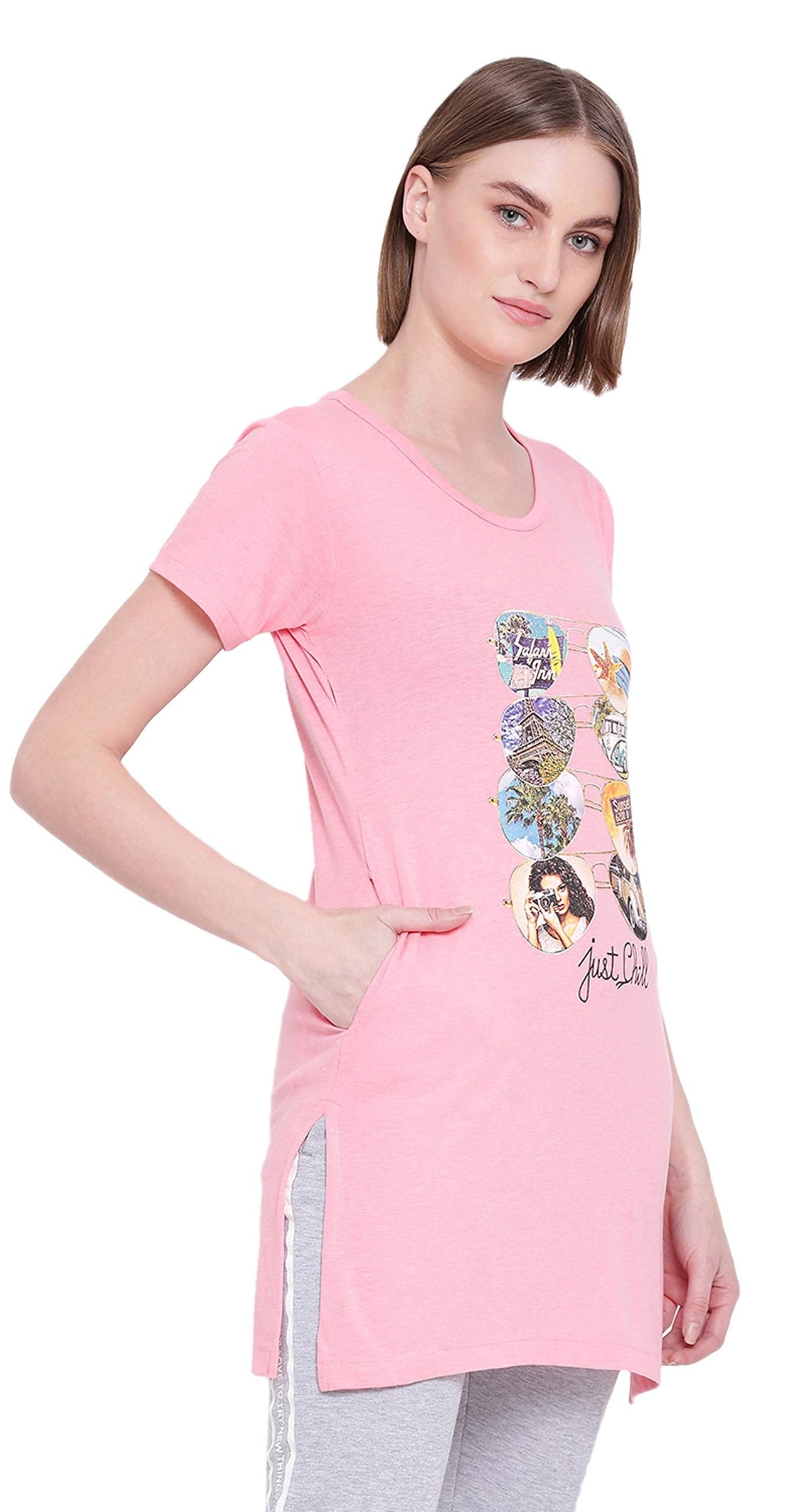 In Love Ladies Long Knee Length Chest Printed Side Slits Tshirts