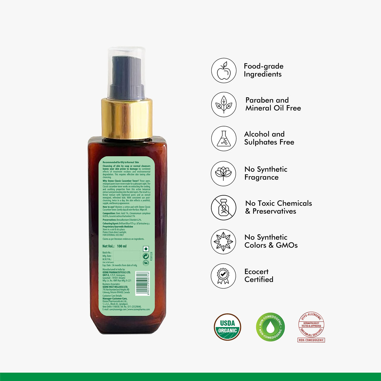 OZONE Classic Cucumber Liquid Toner for Anti Acne, Pore Tightening, Skin Purifying for Oily, Acne Prone & Dull Skin. Natural Product - No Paraben, No Sulphate, No Chemical. 100 Ml