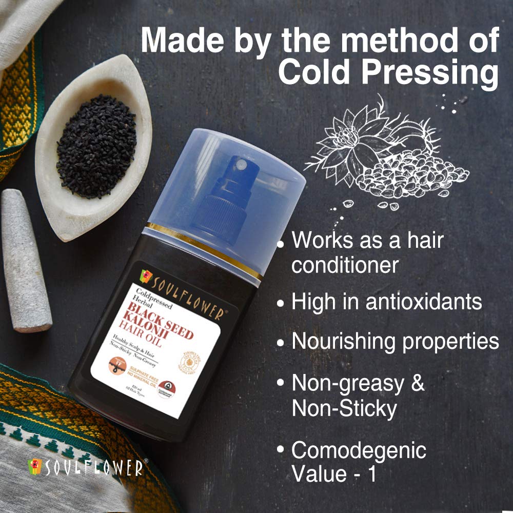 Soulflower Black Seed Kalonji Hair Oil | Hair Growth, Hair Fall Control, Scalp Health, Healthy Hair, Control Acne & Pimple for Men & Women| 100% Pure, Natural, Organic | 120ml