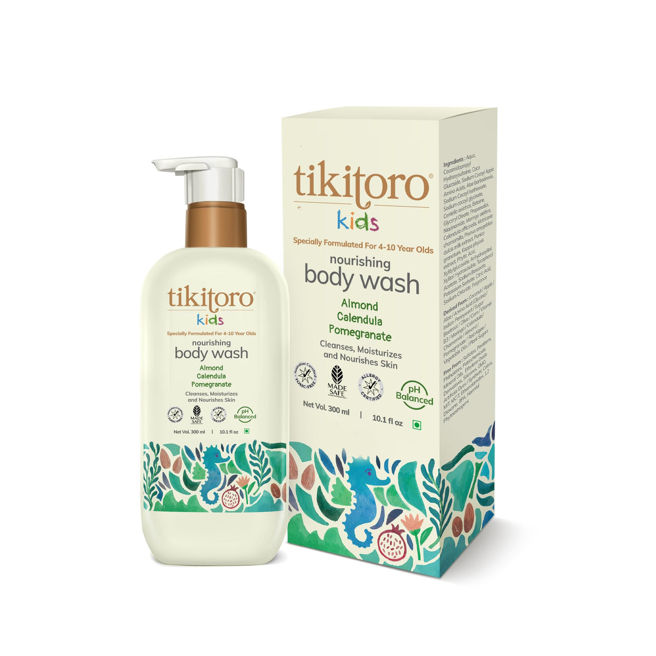 Tikitoro Kids Nourishing Body Wash | Pediatrician Approved | Vegan | Cleanses, Moisturizes & Nourishes Skin | Almond, Calendula, Pomegranate Extract | No Parabens & Sulphates, Age 4+ years (300ml)
