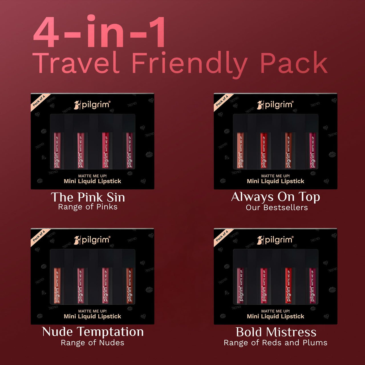 Pilgrim Matte Mini Liquid Lipstick 4 in 1 Pack Smudgeproof, Hydrating & Lightweight (Always on Top, 4 ml)