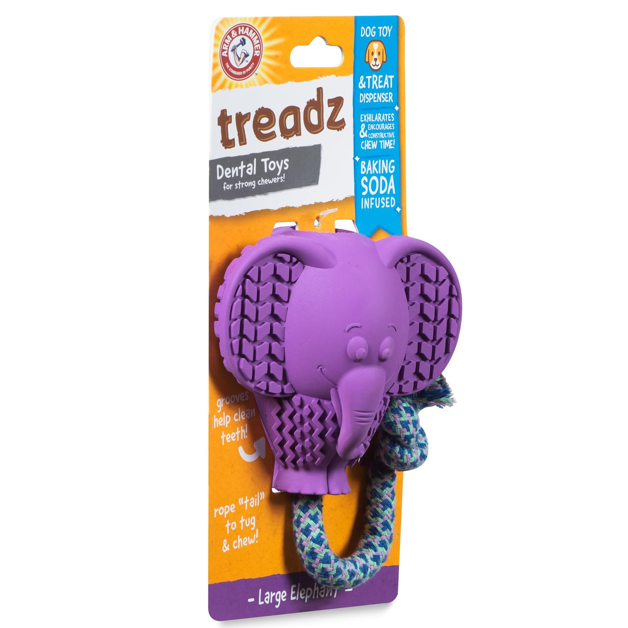 Arm & Hammer for Pets Super Treadz Large Elephant Dental Chew Toy for Dogs - Dog Dental Toys Help Reduce Plaque & Tartar Buildup Without Brushing - Safe for Dogs up to 35 Lbs Large - 1 Pack