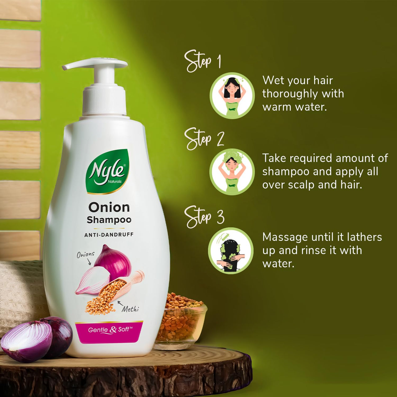 Nyle Naturals Onion Anti-Dandruff Shampoo, With Onion and Fenugreek, Gentle & Soft Shampoo, pH Balanced and Paraben Free, For Men and Women, 800ml