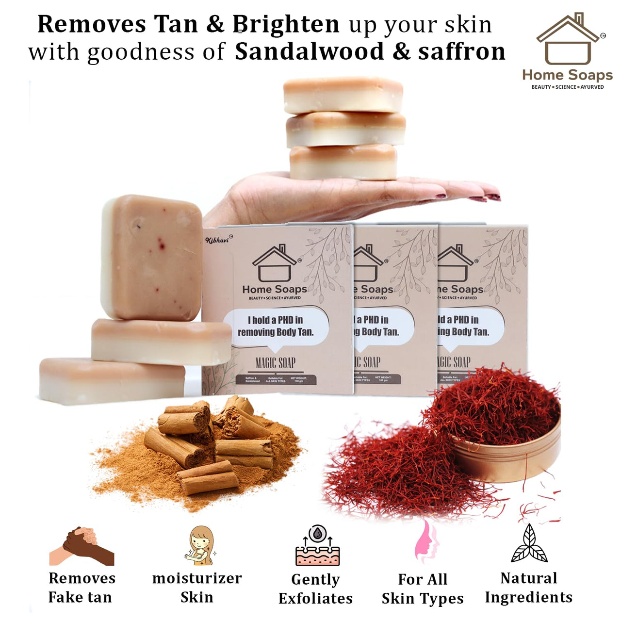 Home Soaps Sandalwood & Saffron Magic Soaps For Bath (100 Gms) | Paraben Free | Chandan & Kesar Bath Soap | Handmade Soaps For Glowing | Skin Brightening Soap For Men & Women (Pack Of 3)