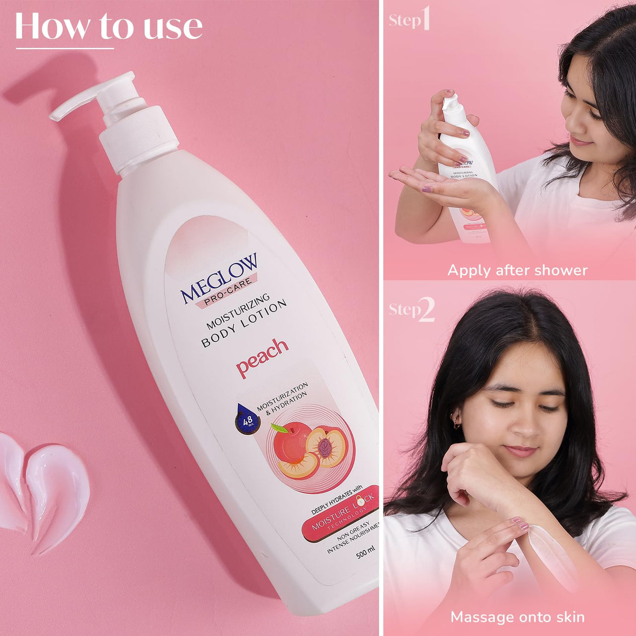 Meglow Pro-Care Moisturizer Body Lotion for Women/Men (500ml)–Enriched with Peach Extract | Body Lotion for Dry Skin | Deeply Hydrates with 48hrs Moisture Lock Technology