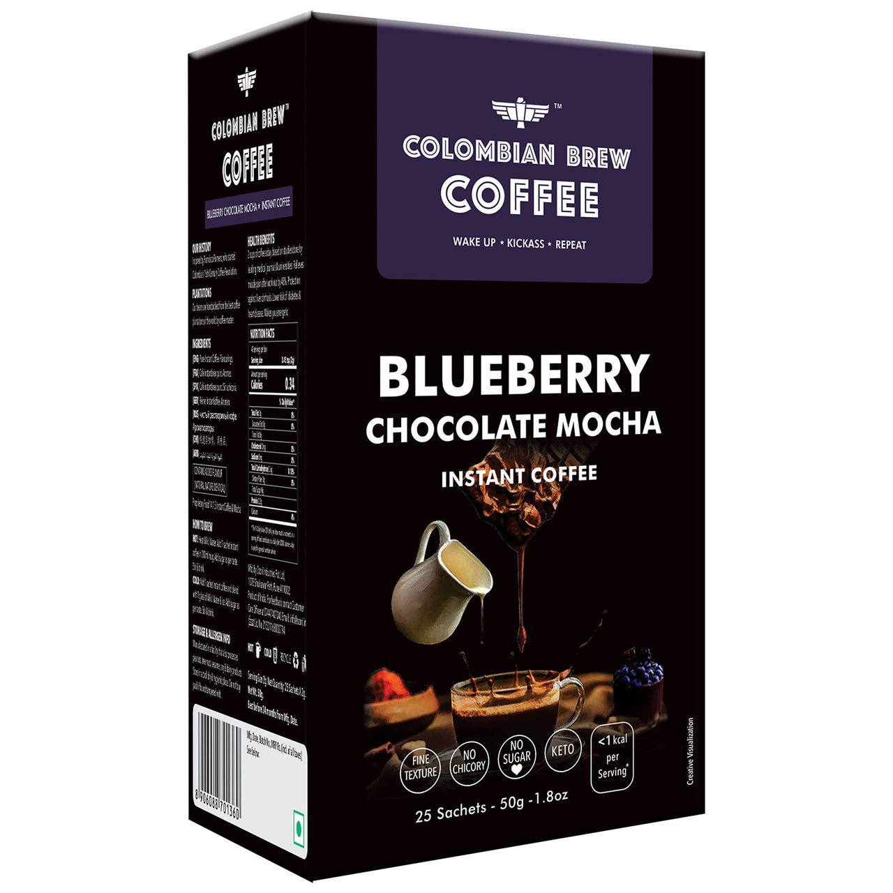 Colombian Brew Coffee, 100% Arabica Green Coffee Powder 200g & Colombian Brew Blueberry Chocolate Mocha Instant Coffee, No Sugar Vegan, 50g