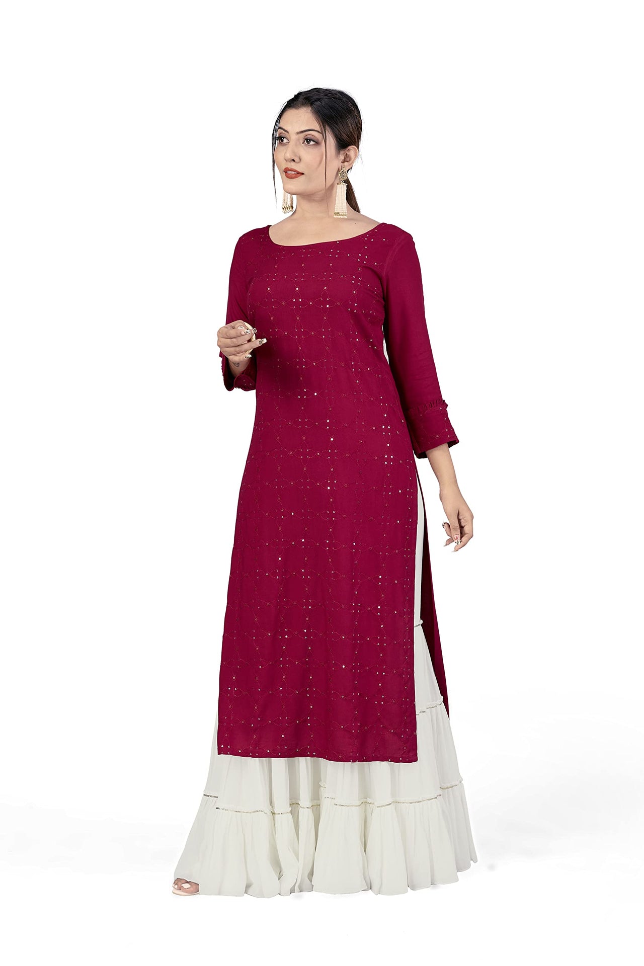 Fashion Dream Women Viscose Rayon Sequence Embroidered Straight Kurti