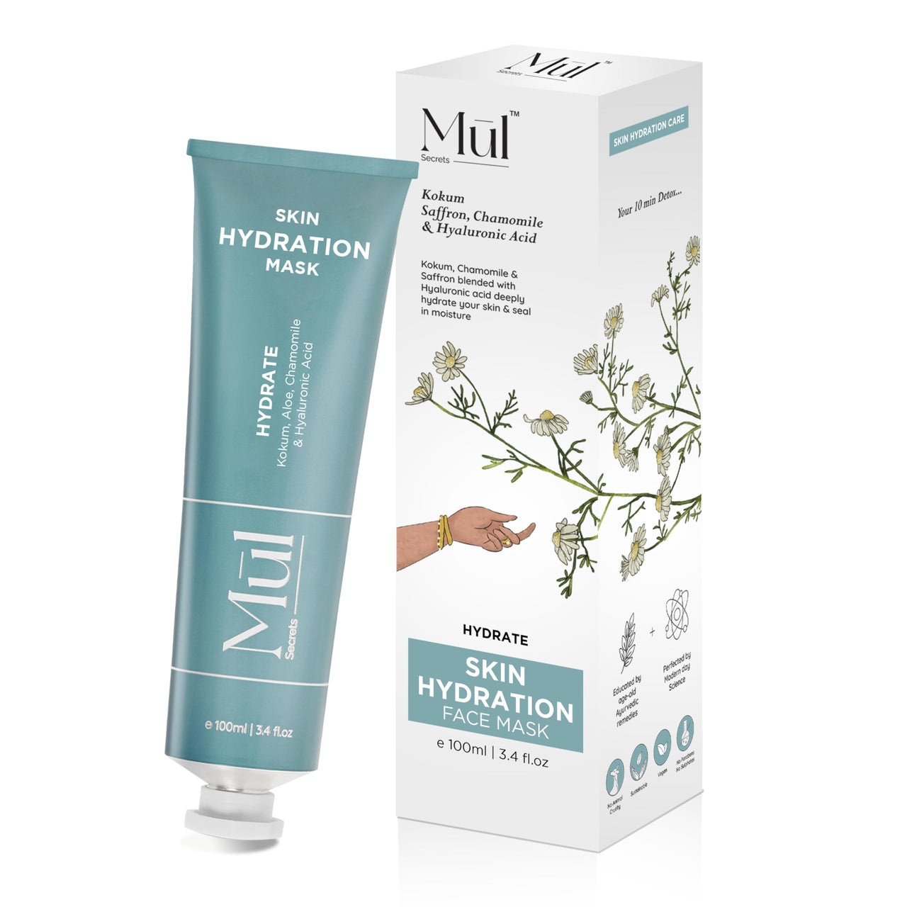 Mul Secrets 100 ml Hydrate Facemask & Scrub - Dry Skin Hydration, Softening, Brightening & Plump Skin - Hyaluronic Acid, Chamomile & Saffron - 30+ Uses - 50mlx2