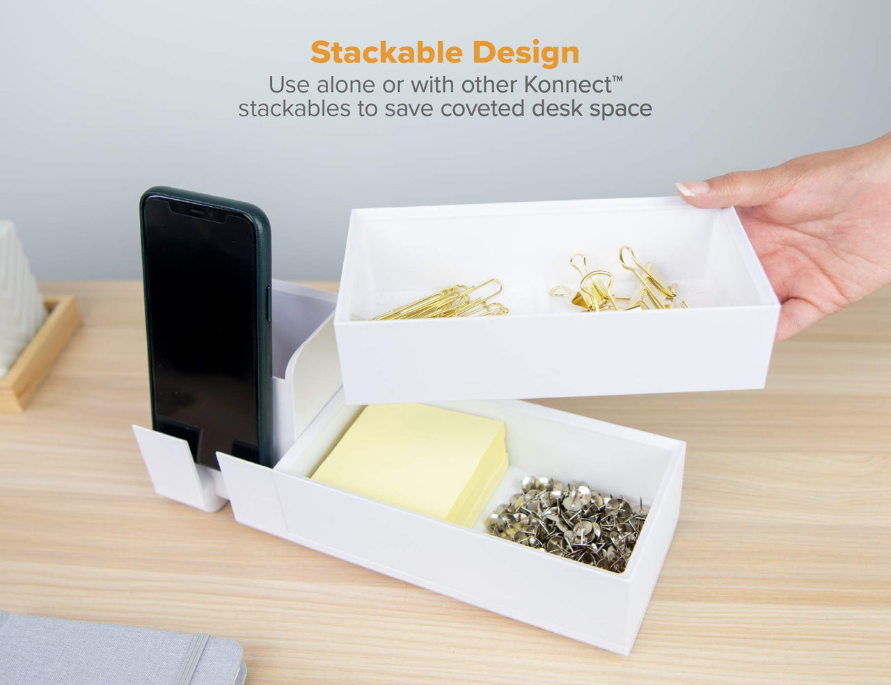 Bostitch Office Konnect Desk Organizer Accessory Tray, Wide, Stacks for Desktop Storage, White