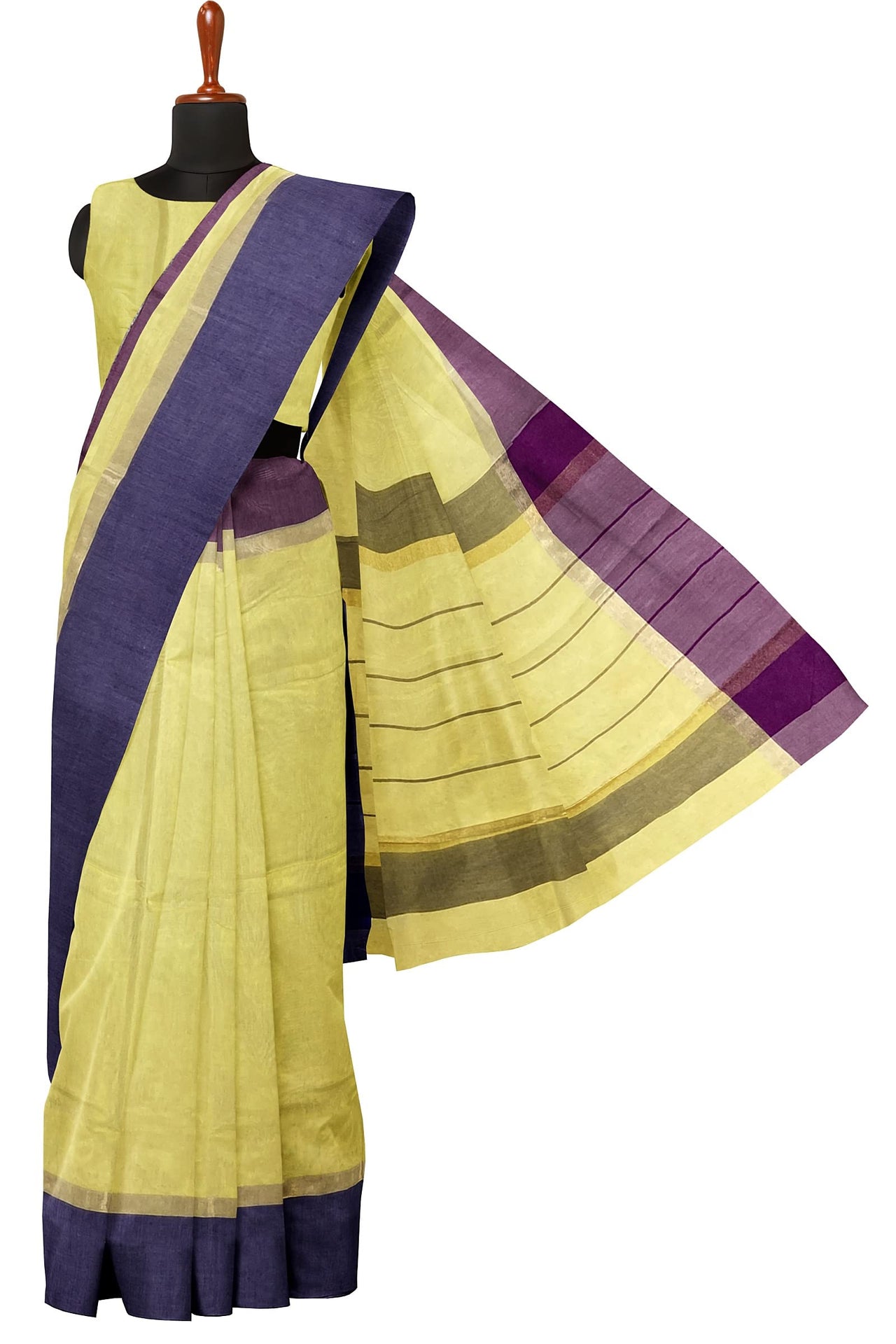 SENSAN Women’s Handloom Kanchi Cotton Saree with Blouse Piece [SKU:430] Light Beige×Navy Blue