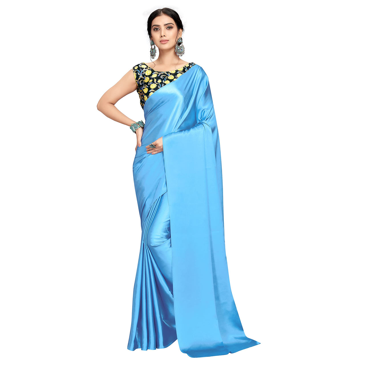 Cloud walker Women Soft Satin Silk Saree With Digital Printed Unstiched Blouse Piece(5.5m Saree +0.8m Blouse Piece).