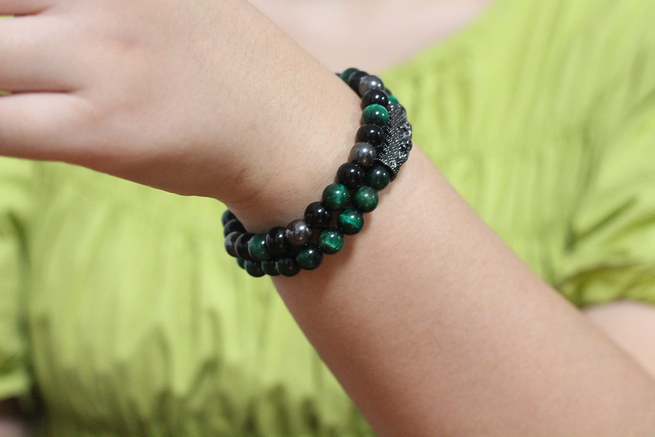 2Pcs Triple Protection Bracelet,Natural Tigers Eye Black Obsidian and Hematite 8 MM Beads Bracelet for Men Women Gift, Healing Crystal Bracelet Bring Luck and Prosperity and Happiness (Green) Green
