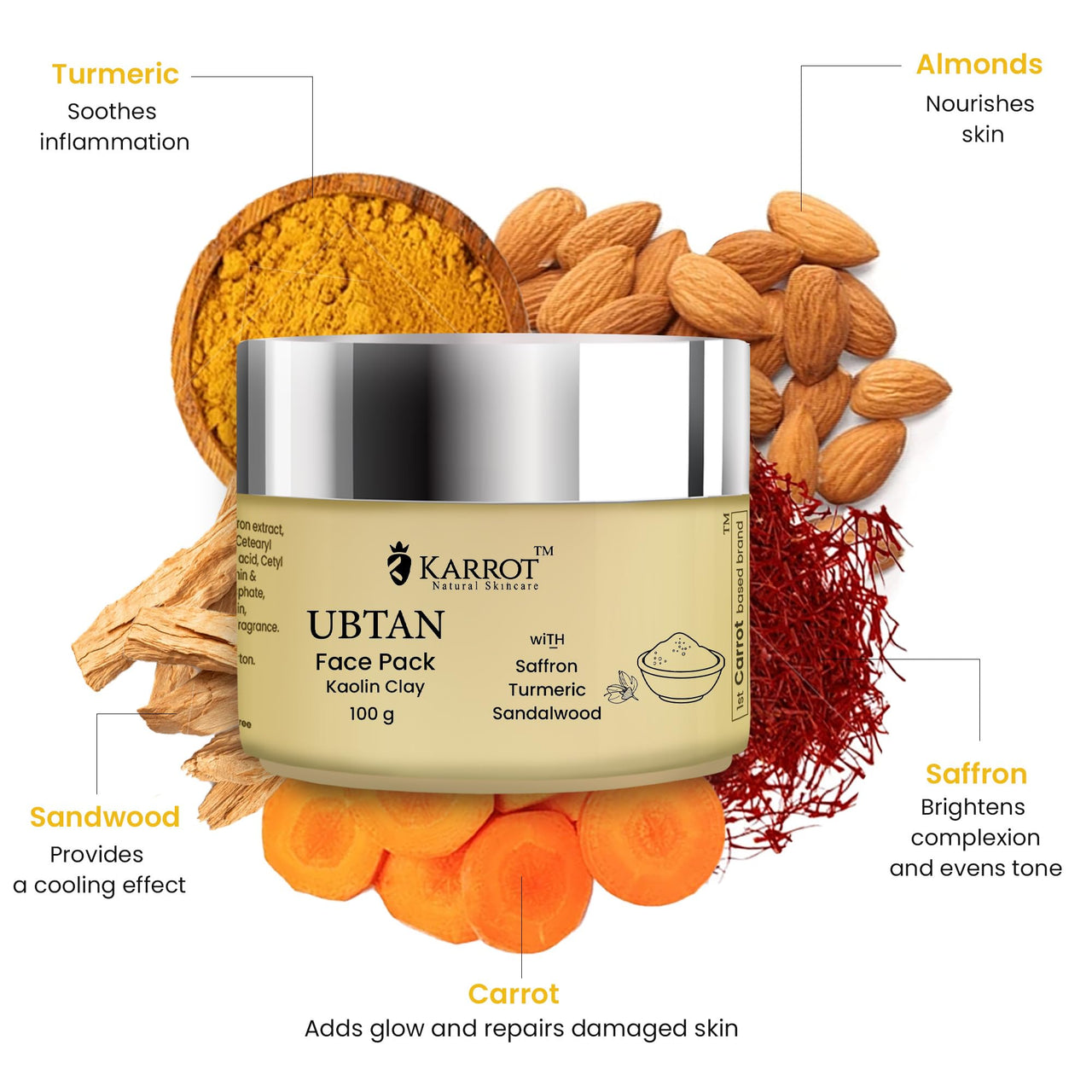 Karrot Natural Skincare Ubtan Face Pack, Enhances Glow and Brightness, Increases Softness and Removes Tan, Made with Kastoori Haldi, Sandalwood, Rosewater, For Women and Men, All Skin Types, 100gms