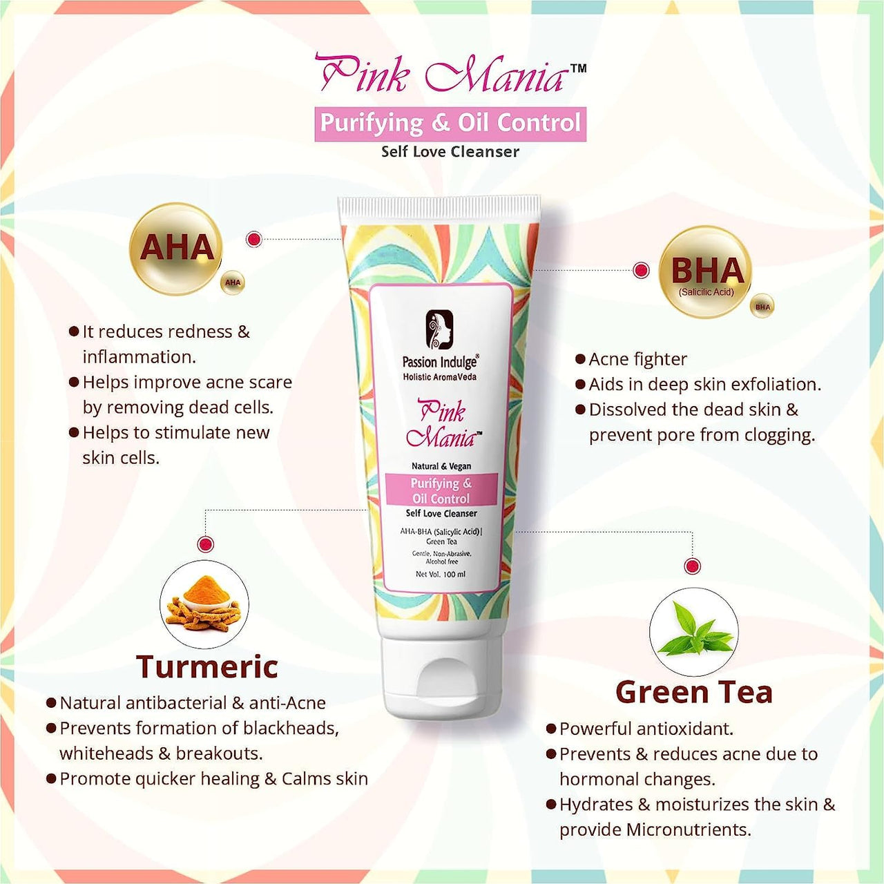 Passion Indulge Pinkmania AHA-BHA Cleanser with 1% Salicylic Acid & Moisturizer For Face | Purifying & Oil Controlling with Turmeric & Green Tea