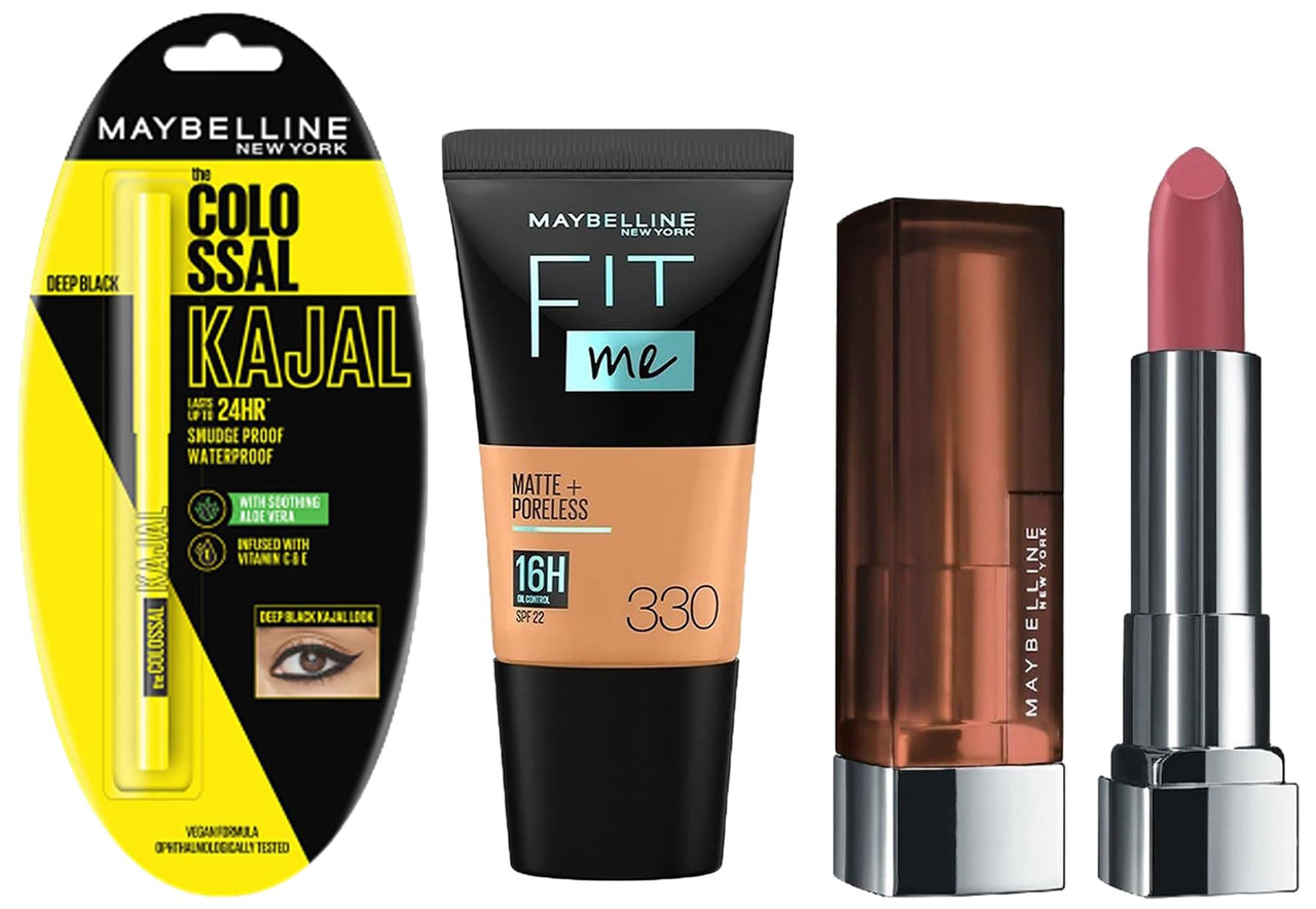 Maybelline New York Date Night Makeup Kit - Day 1 of College Makeup Kit - Fit Me Foundation Tube Toffee + Colossal Kajal + Creamy Matte Touch of Spice