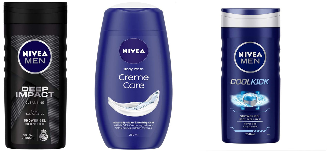 NIVEA Shower Gel, Crème Care Body Wash, Women, 250ml&NIVEA Men Body Wash250 ml&NIVEA Men Body Washml250 ml