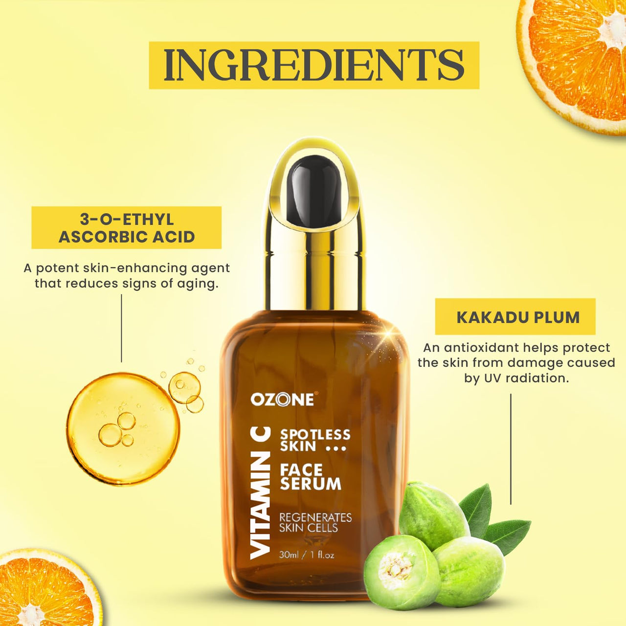 Ozone Vitamin C Face Serum | Crystal Glow With Kakadu Plum | Face Serum For Normal, Oily Skin, Spotless Skin & Regenerates Skin Cells | Paraben & Chemical Free I For Men & Women | 30 ml